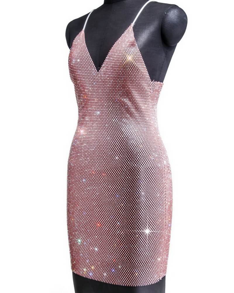 NURO Women's Rhinestone Mesh Bodycon Dress V-Neck Sleeveless Mini Dress