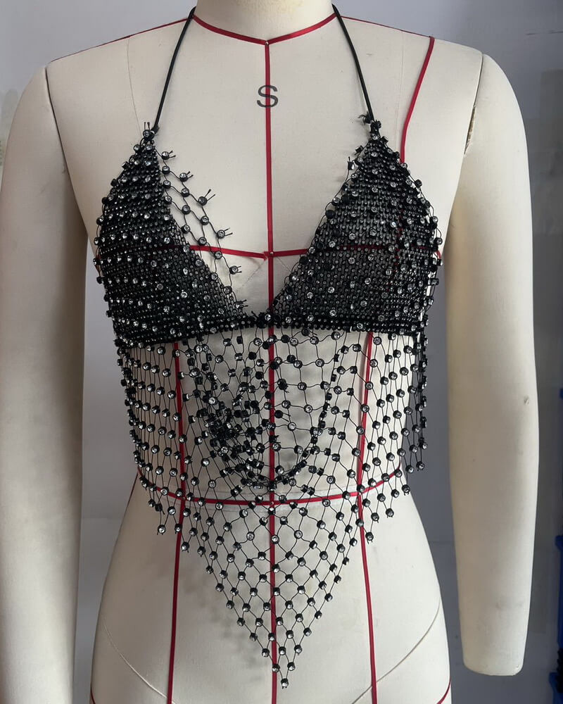 NURO Women's Rhinestone Mesh Halter Top Body Jewelry Cropped Top