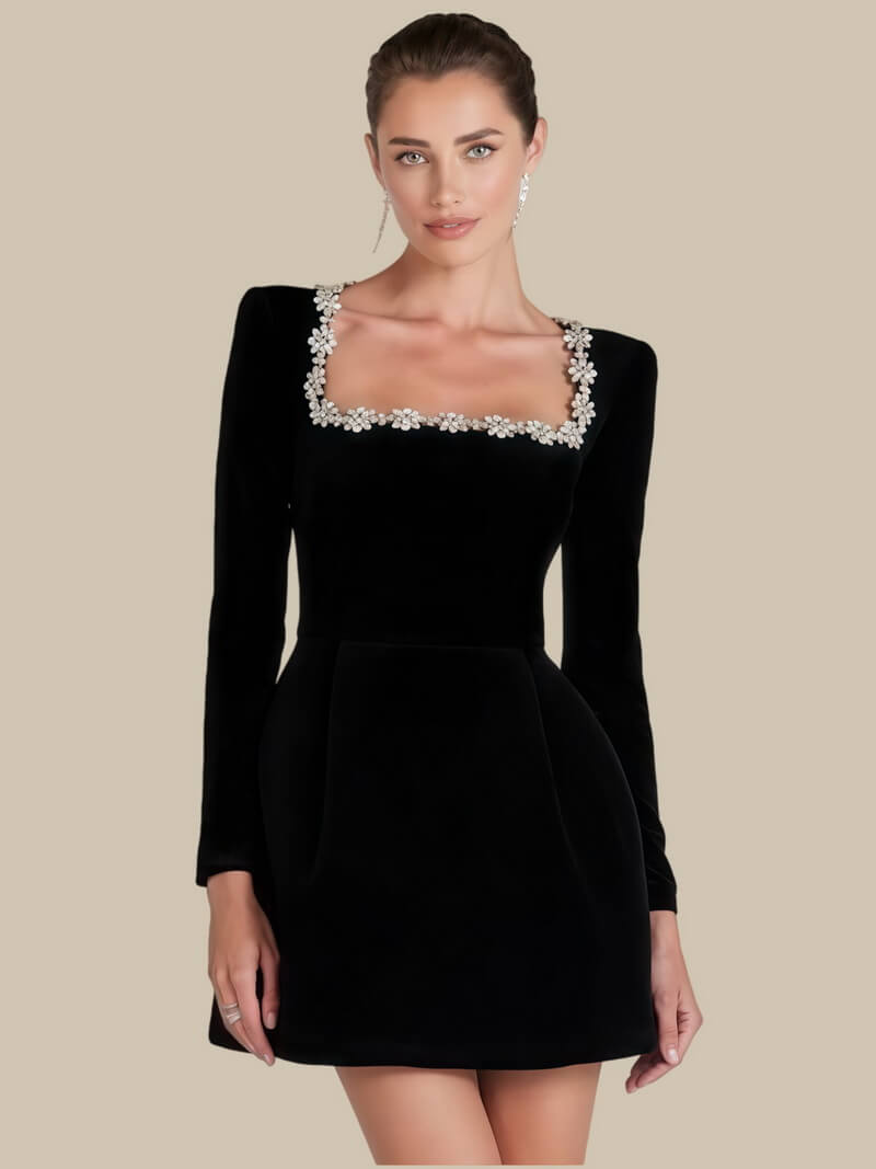 NURO Women's Rhinestone Strappy Bodycon Dress, Long Sleeve Square Neck Bandage Mini Dress