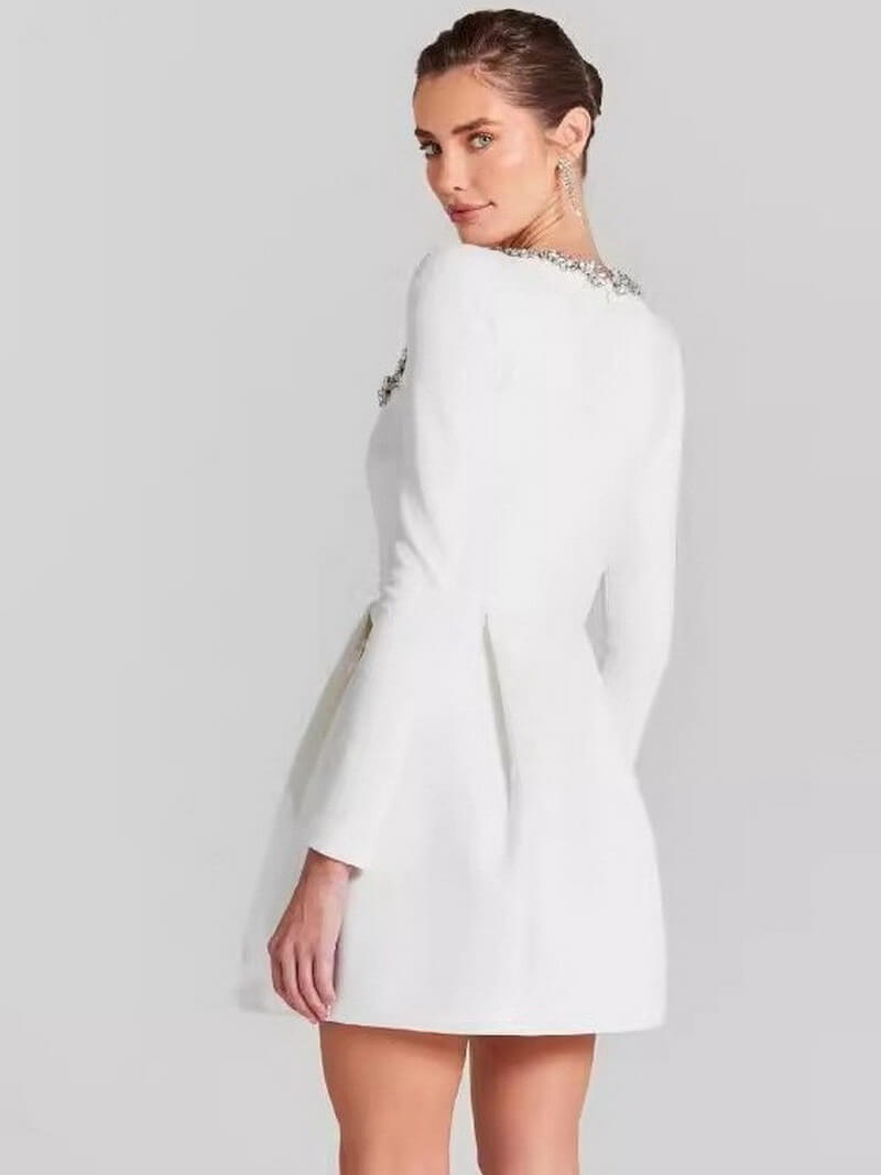 NURO Women's Rhinestone Strappy Bodycon Dress, Long Sleeve Square Neck Bandage Mini Dress