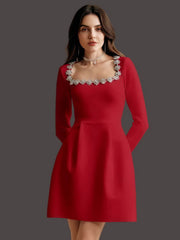 NURO Women's Rhinestone Strappy Bodycon Dress, Long Sleeve Square Neck Bandage Mini Dress