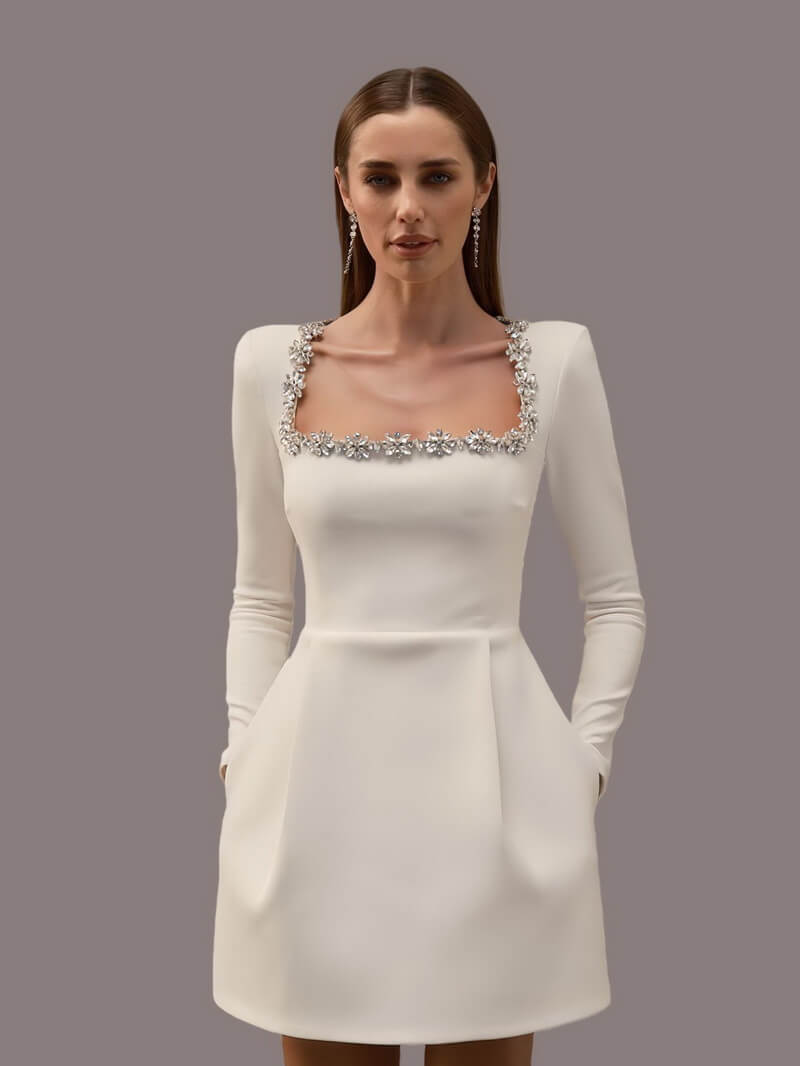 NURO Women's Rhinestone Strappy Bodycon Dress, Long Sleeve Square Neck Bandage Mini Dress