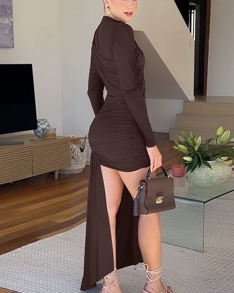NURO Women's Round Neck Shirred Waist Tie Detail Long Sleeve Mini Dress