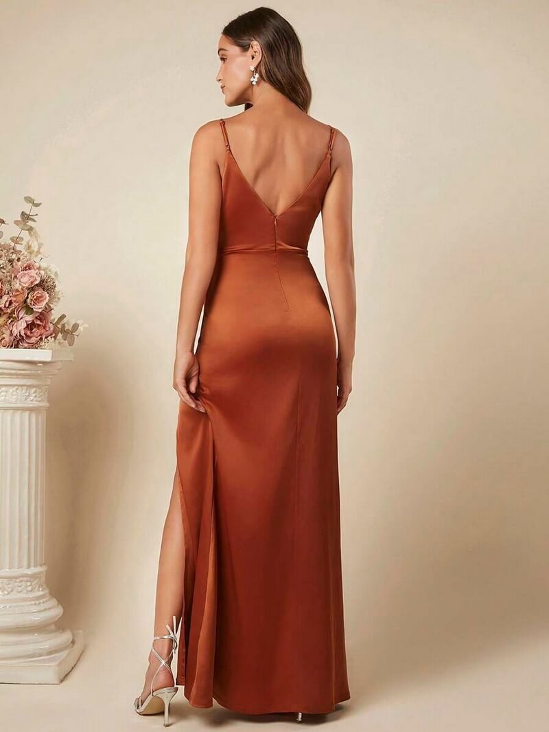 NURO Women's Ruched Satin Slip Dress, Sleeveless Maxi Evening Gown