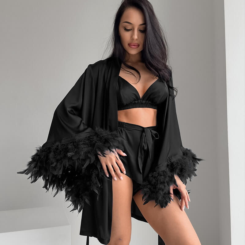 NURO Women's Satin Robe & Loungewear Set - Long Sleeve Kimono with Shorts, Feather Trim Satin Pajama Set for Home and Hotel