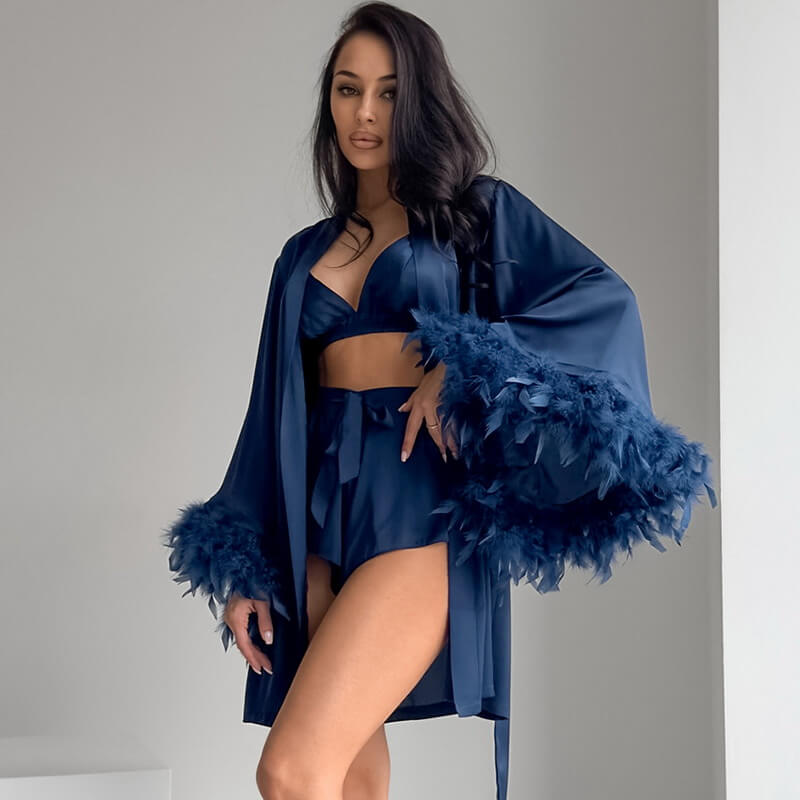 NURO Women's Satin Robe & Loungewear Set - Long Sleeve Kimono with Shorts, Feather Trim Satin Pajama Set for Home and Hotel