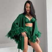 NURO Women's Satin Robe & Loungewear Set - Long Sleeve Kimono with Shorts, Feather Trim Satin Pajama Set for Home and Hotel