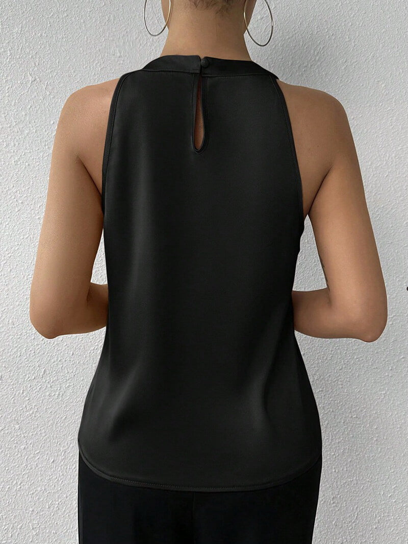 NURO Women's Satin Sleeveless Blouse, Elegant Ruffle Detail Casual Top