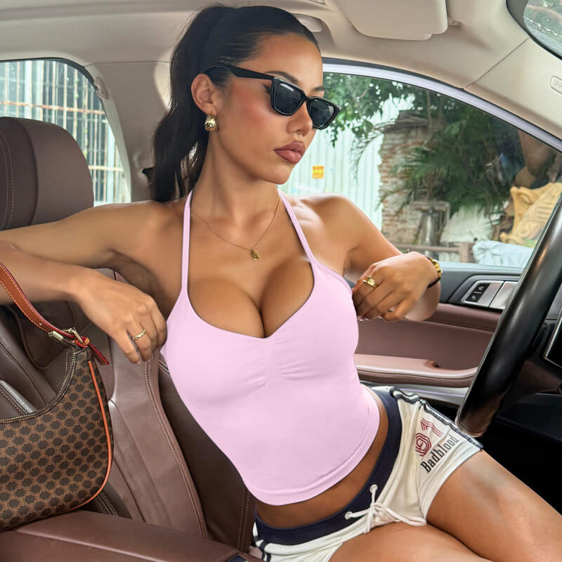 NURO Women's Seamless Sports Bra with Bow Detail - Full Coverage Racerback Workout Top with Removable Padding