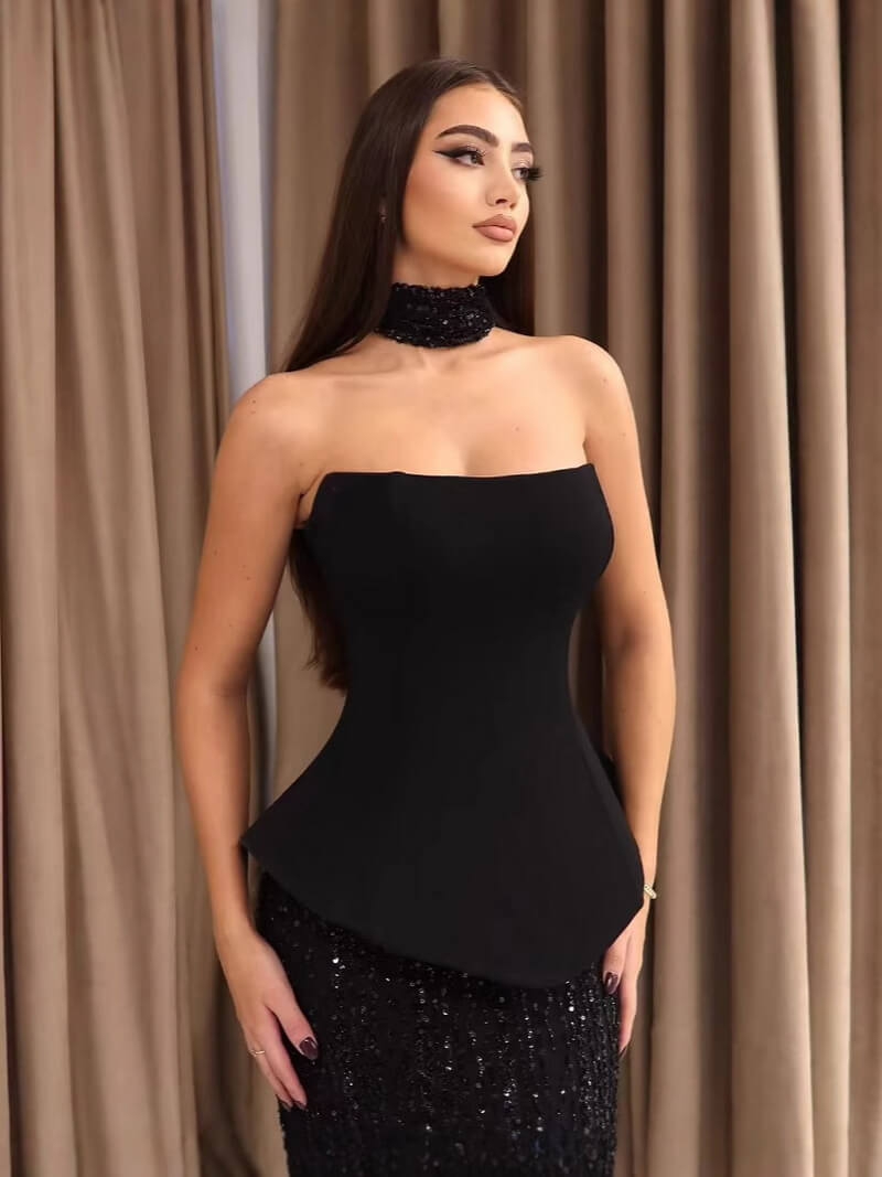 NURO Women's Sequin Bandage Skirt Set, Off-Shoulder Top & Maxi Skirt Two-Piece Outfit