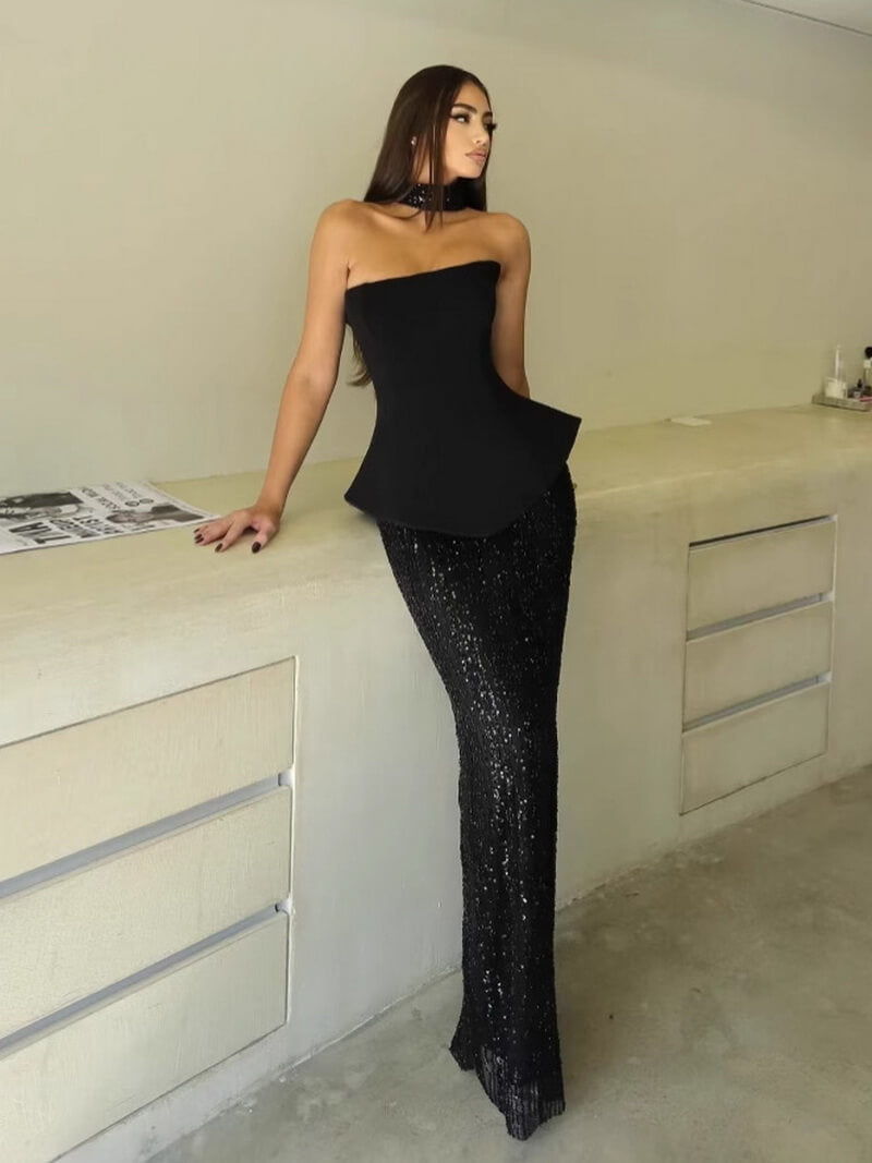 NURO Women's Sequin Bandage Skirt Set, Off-Shoulder Top & Maxi Skirt Two-Piece Outfit