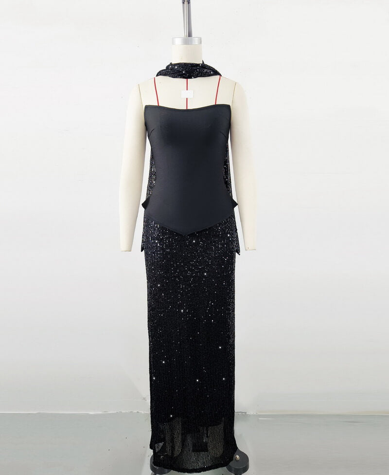 NURO Women's Sequin Bandage Skirt Set, Off-Shoulder Top & Maxi Skirt Two-Piece Outfit