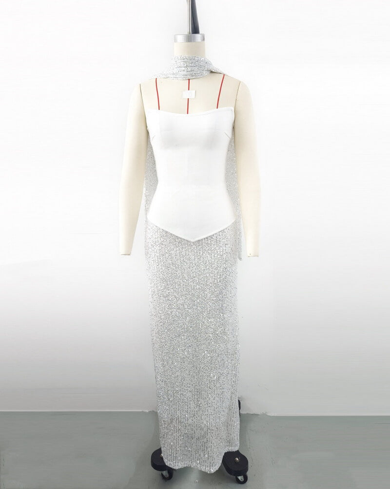 NURO Women's Sequin Bandage Skirt Set, Off-Shoulder Top & Maxi Skirt Two-Piece Outfit