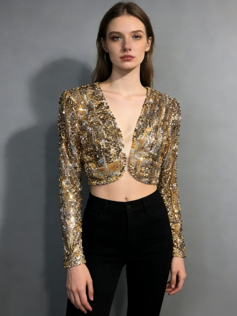 NURO Women's Sequin Blazer - Short, Sparkling, V-Neck, Party Jacket
