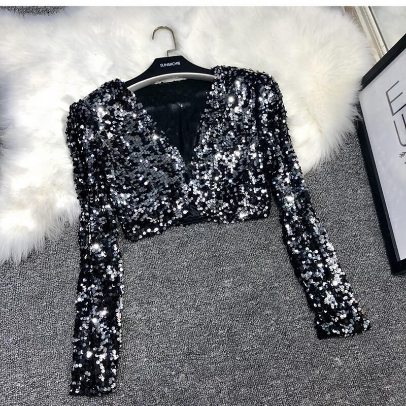 NURO Women's Sequin Blazer - Short, Sparkling, V-Neck, Party Jacket