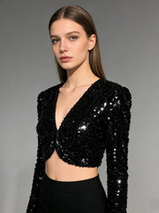 NURO Women's Sequin Blazer - Short, Sparkling, V-Neck, Party Jacket