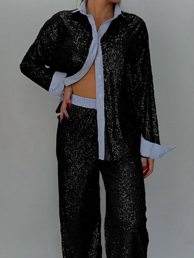 NURO Women's Sequin Blazer and Wide Leg Pants Set - Long Sleeve Two-Piece Suit for Evening and Party