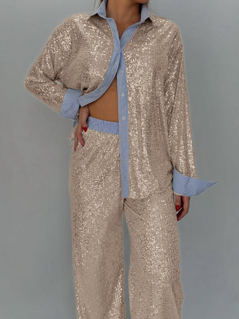 NURO Women's Sequin Blazer and Wide Leg Pants Set - Long Sleeve Two-Piece Suit for Evening and Party