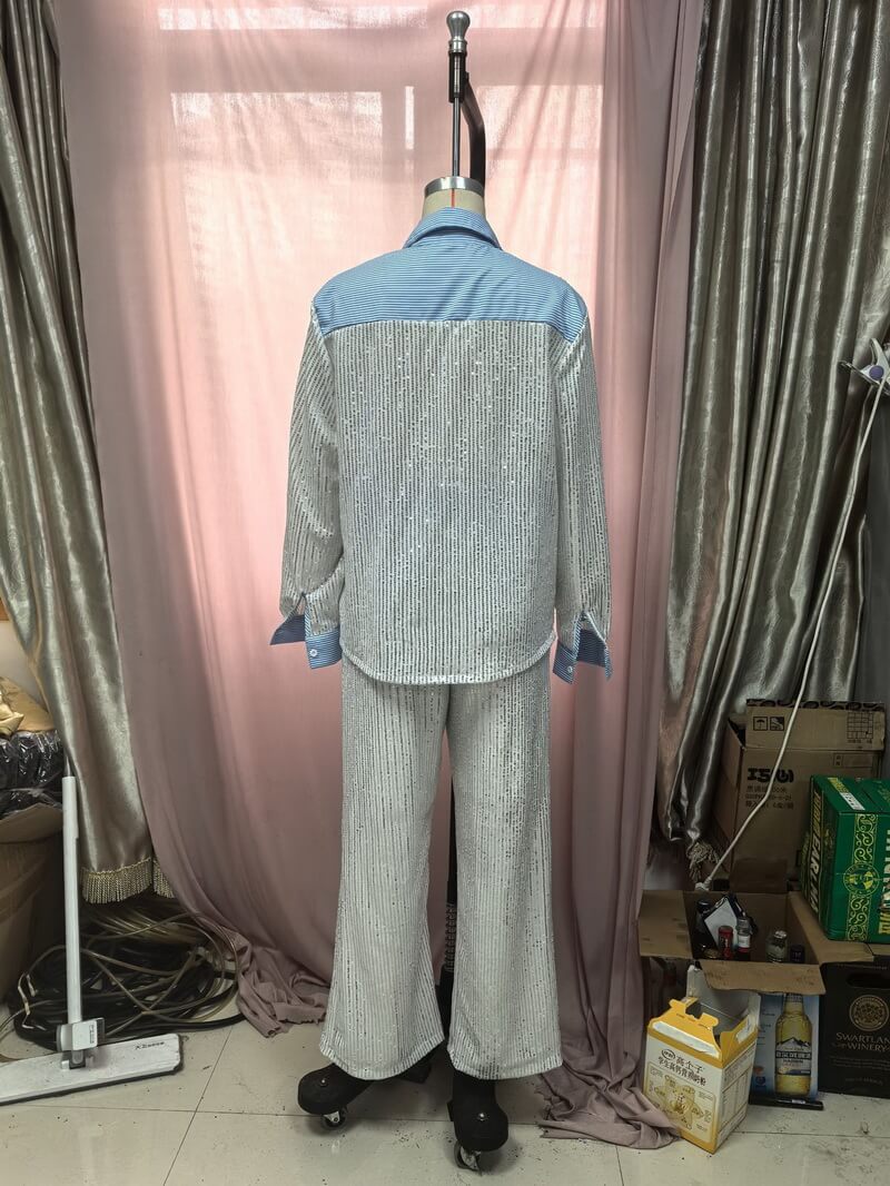 NURO Women's Sequin Blazer and Wide Leg Pants Set - Long Sleeve Two-Piece Suit for Evening and Party