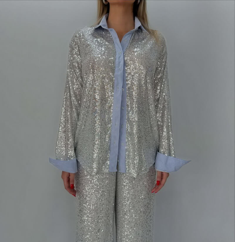 NURO Women's Sequin Blazer and Wide Leg Pants Set - Long Sleeve Two-Piece Suit for Evening and Party