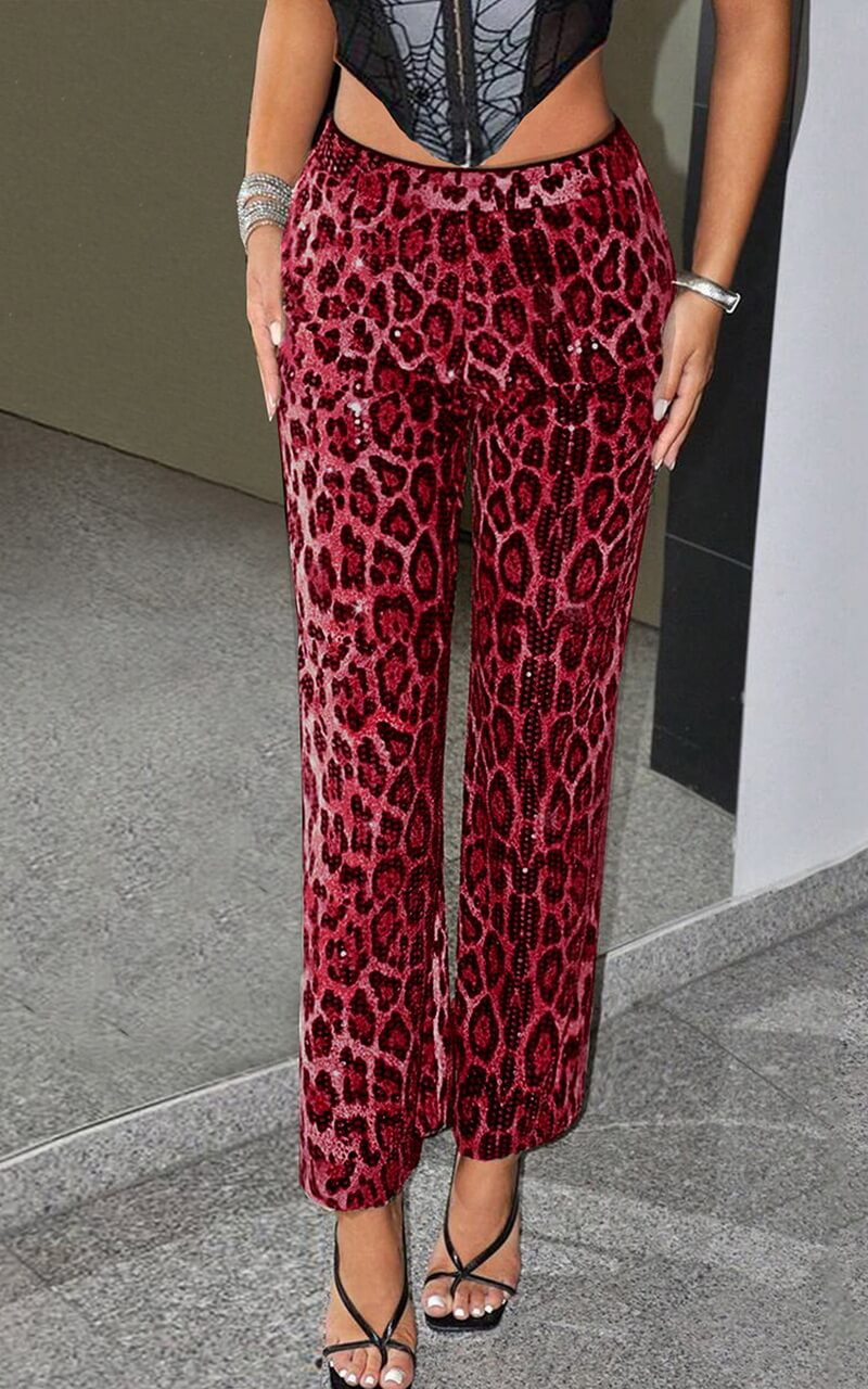 NURO Women's Sequin Embellished Straight Leg Pants - Leopard Print, High Waist, Stretchy, Streetwear Wide Leg Trousers