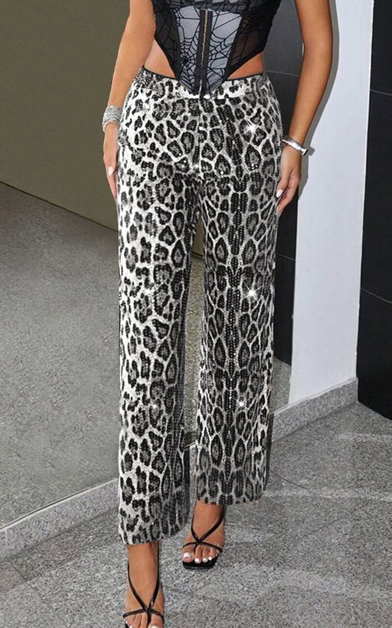 NURO Women's Sequin Embellished Straight Leg Pants - Leopard Print, High Waist, Stretchy, Streetwear Wide Leg Trousers