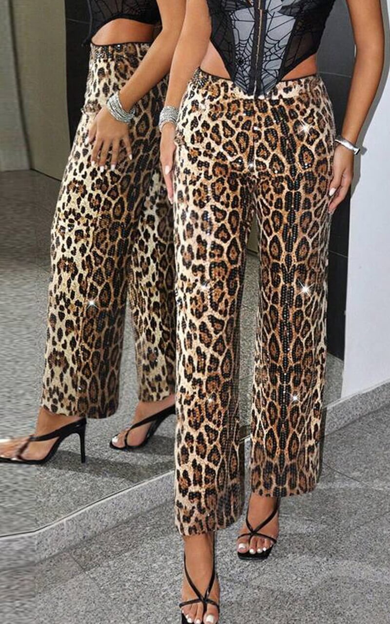 NURO Women's Sequin Embellished Straight Leg Pants - Leopard Print, High Waist, Stretchy, Streetwear Wide Leg Trousers