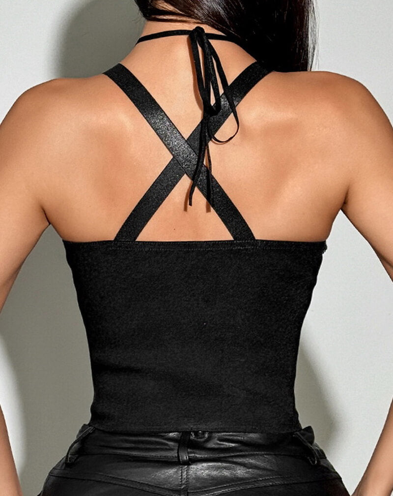 NURO Women's Sequin Halter Neck Corset Top with Lace-Up Detail