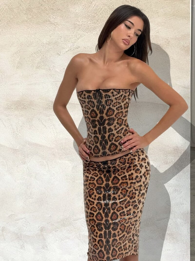 NURO Women's Sequin Leopard Backless Crop Top and Skirt Set - Two Piece Outfit
