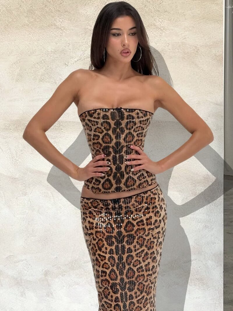 NURO Women's Sequin Leopard Backless Crop Top and Skirt Set - Two Piece Outfit
