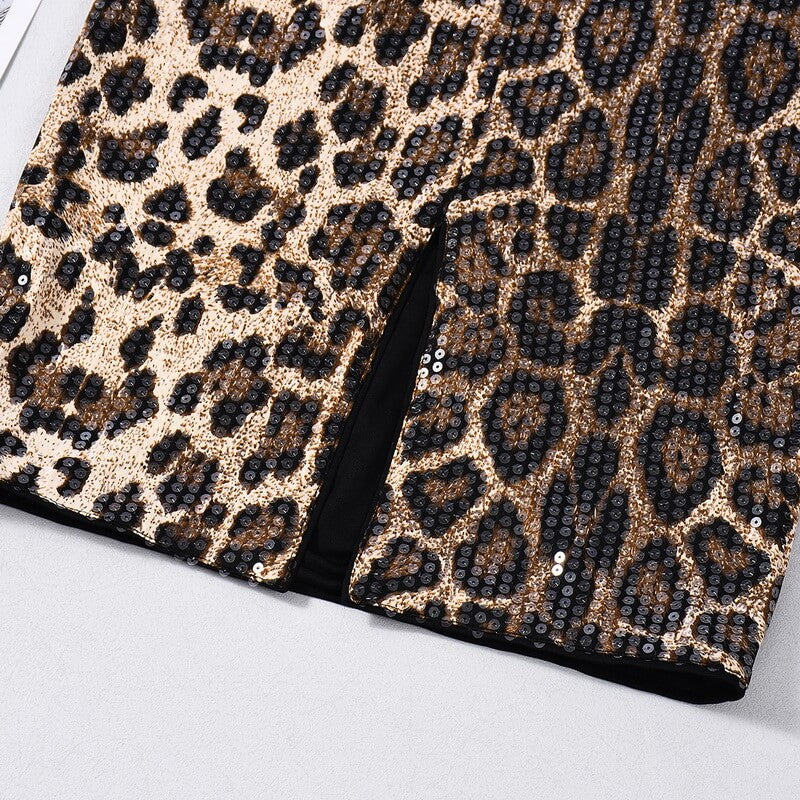 NURO Women's Sequin Leopard Backless Crop Top and Skirt Set - Two Piece Outfit