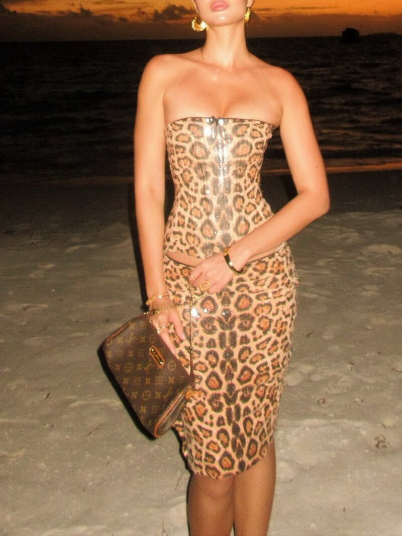 NURO Women's Sequin Leopard Backless Crop Top and Skirt Set - Two Piece Outfit