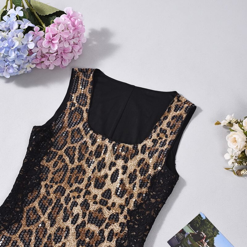 NURO Women's Sequin Leopard Bodycon Mini Dress - Square Neck, Lace Insert, Backless, Elastic Waist