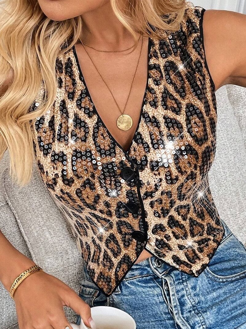 NURO Women's Sequin Leopard Print Cardigan Vest - V-Neck, Button Front, Fitted Sleeveless Top, Streetwear