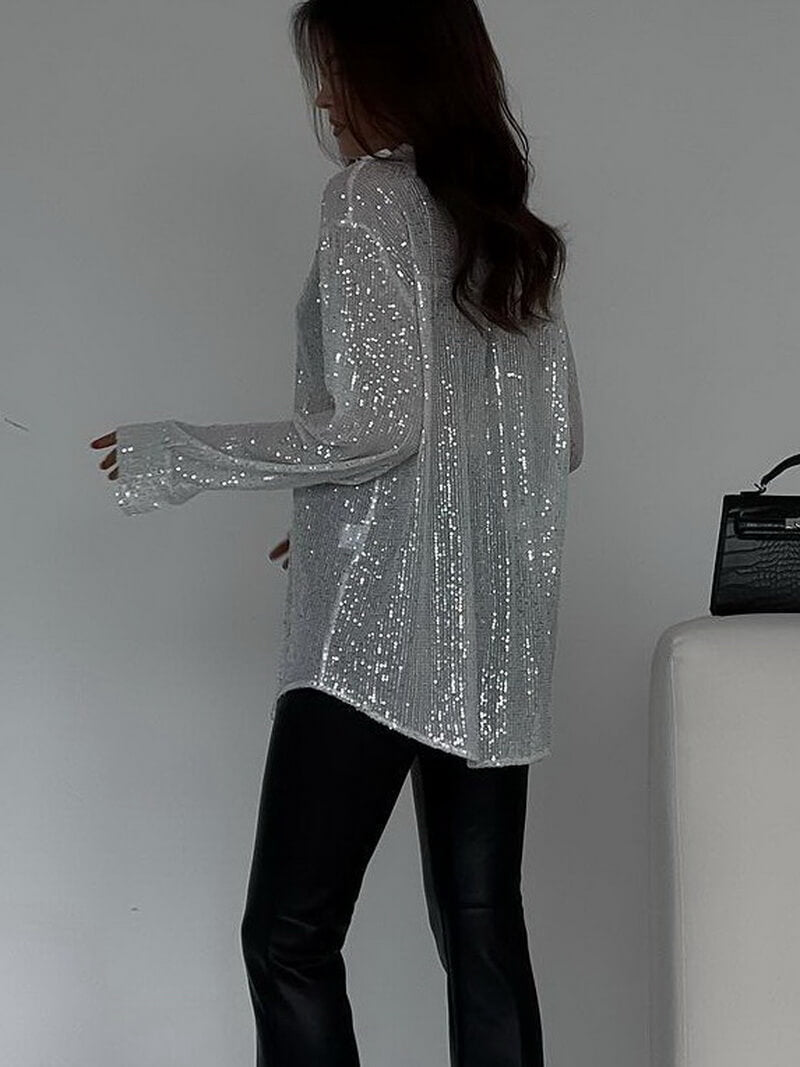 NURO Women's Sequin Long Sleeve Blouse - Oversized Glitter Top with Collar for Party and Night Out