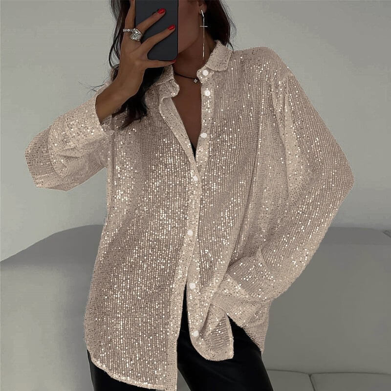 NURO Women's Sequin Long Sleeve Blouse - Oversized Glitter Top with Collar for Party and Night Out