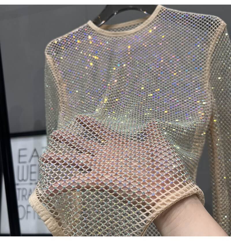 NURO Women's Sequin Mesh Bodysuit - Long Sleeve, Sheer, High Waist, Cat Jumpsuit