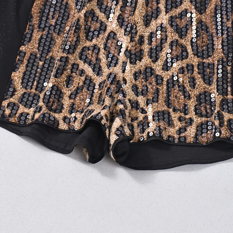 NURO Women's Sequin Mesh Patchwork Leopard Print High-Waisted Shorts - Stretchy, Bodycon, 3/4 Length Biker Shorts