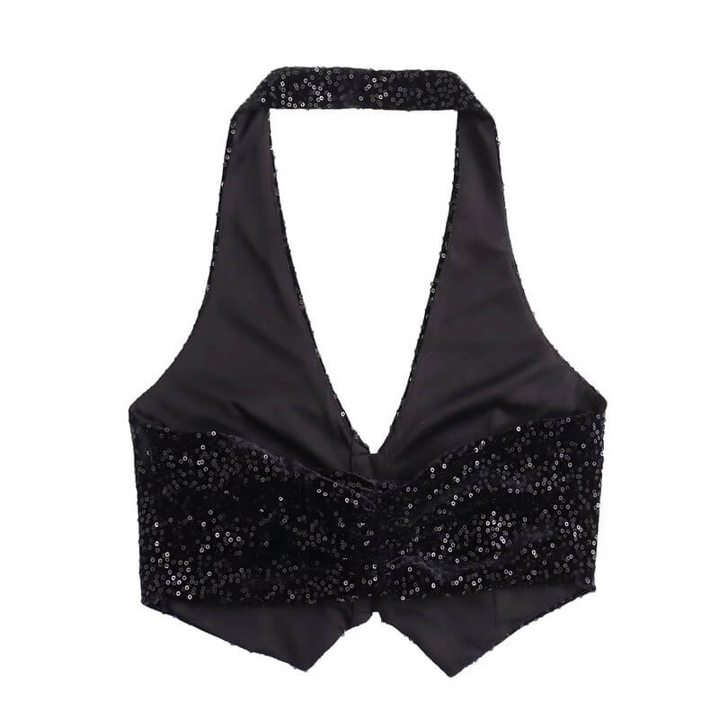 NURO Women's Sequin Off-Shoulder Crop Top and Wide Leg Pant Set