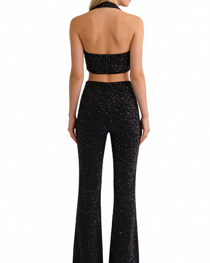 NURO Women's Sequin Off-Shoulder Crop Top and Wide Leg Pant Set