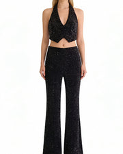 NURO Women's Sequin Off-Shoulder Crop Top and Wide Leg Pant Set