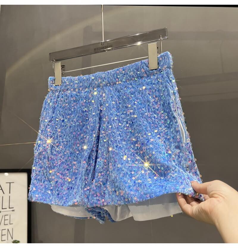 NURO Women's Sequin Pocket Shorts - Metallic, High Waist, Bodycon, Party Shorts
