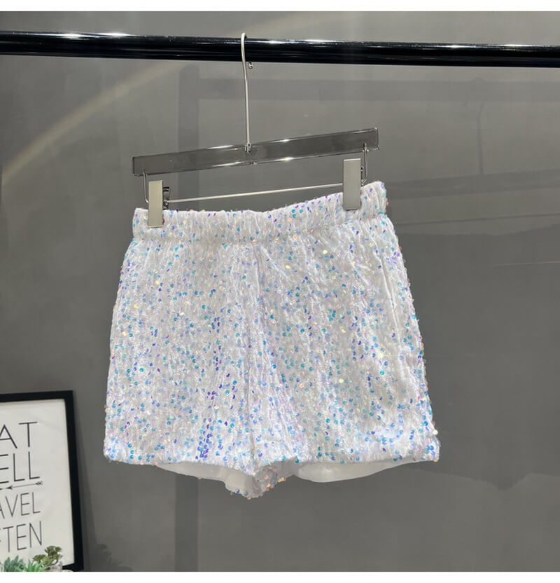 NURO Women's Sequin Pocket Shorts - Metallic, High Waist, Bodycon, Party Shorts