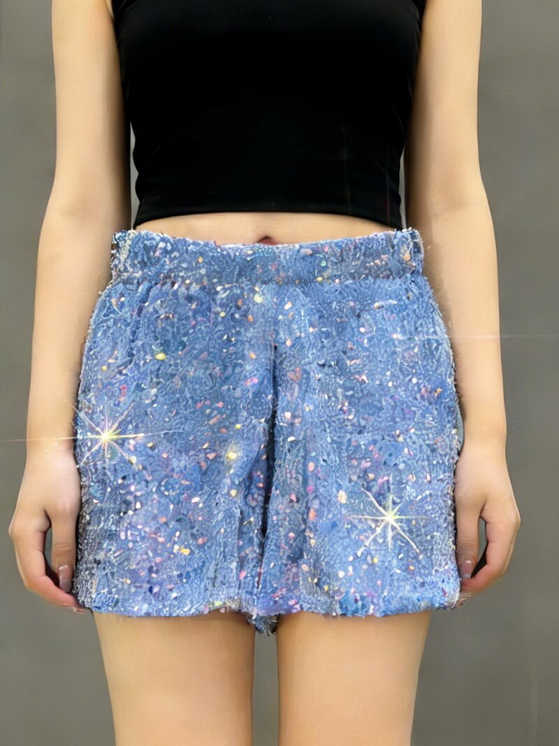 NURO Women's Sequin Pocket Shorts - Metallic, High Waist, Bodycon, Party Shorts