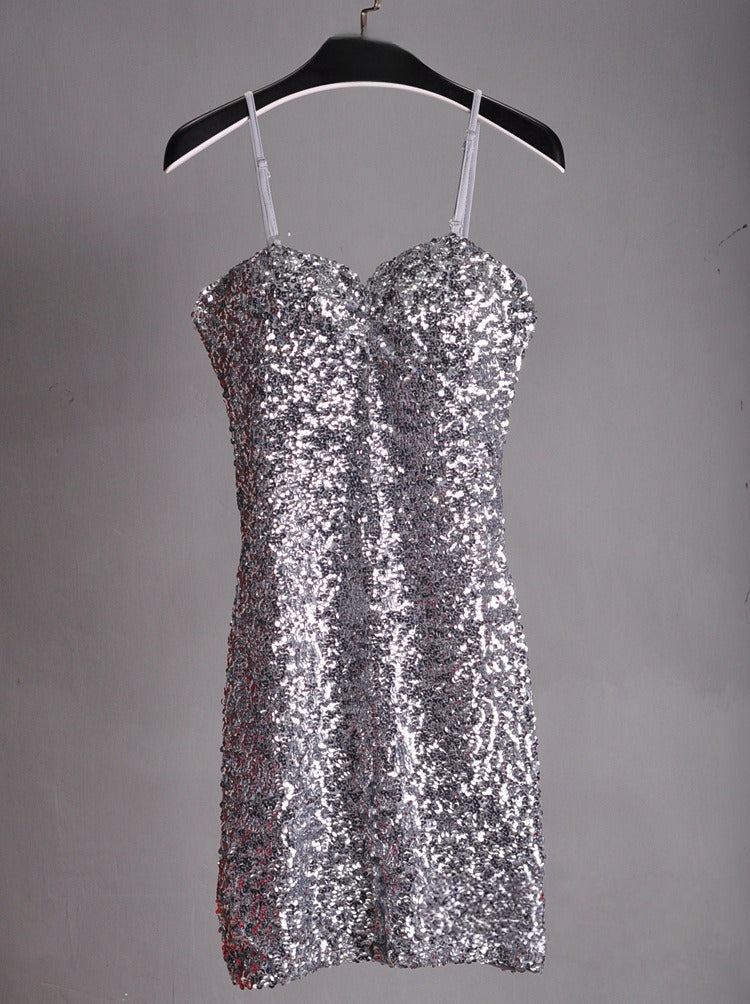 NURO Women's Sequin Spaghetti Strap Bodycon Slip Dress for Stage Evening Party Performance