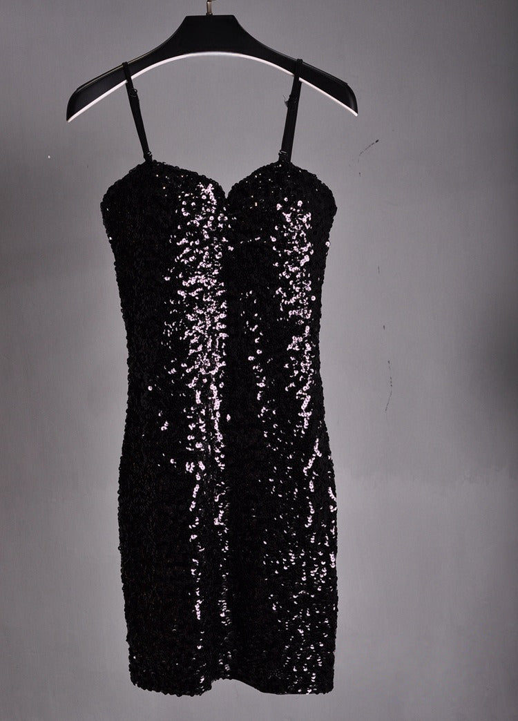 NURO Women's Sequin Spaghetti Strap Bodycon Slip Dress for Stage Evening Party Performance