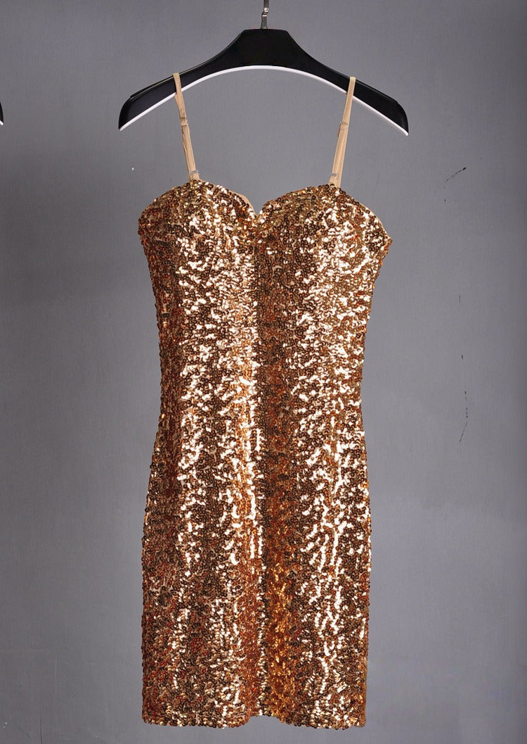 NURO Women's Sequin Spaghetti Strap Bodycon Slip Dress for Stage Evening Party Performance