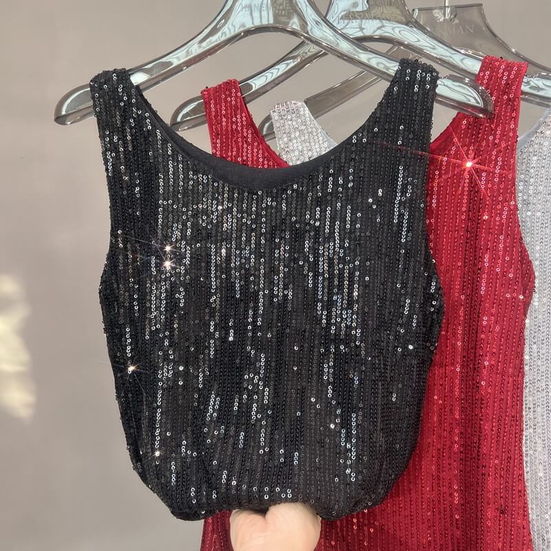 NURO Women's Sequin Spaghetti Strap Tank Top - Sheer, Loose Fit, Layering Camisole