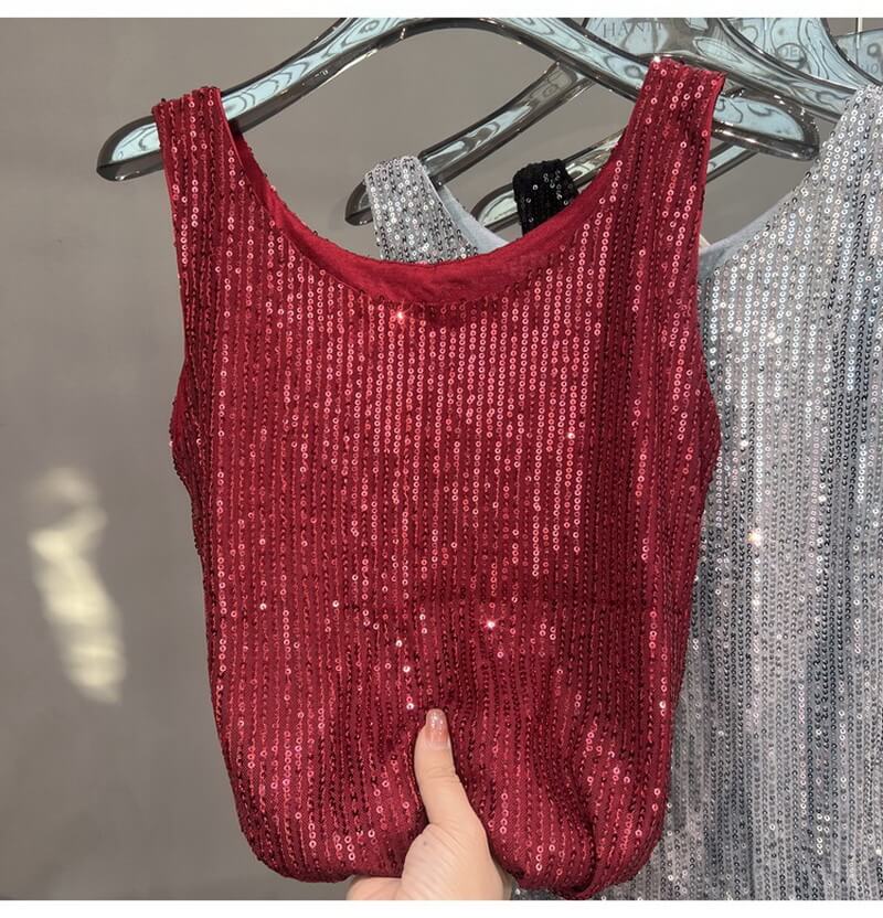 NURO Women's Sequin Spaghetti Strap Tank Top - Sheer, Loose Fit, Layering Camisole