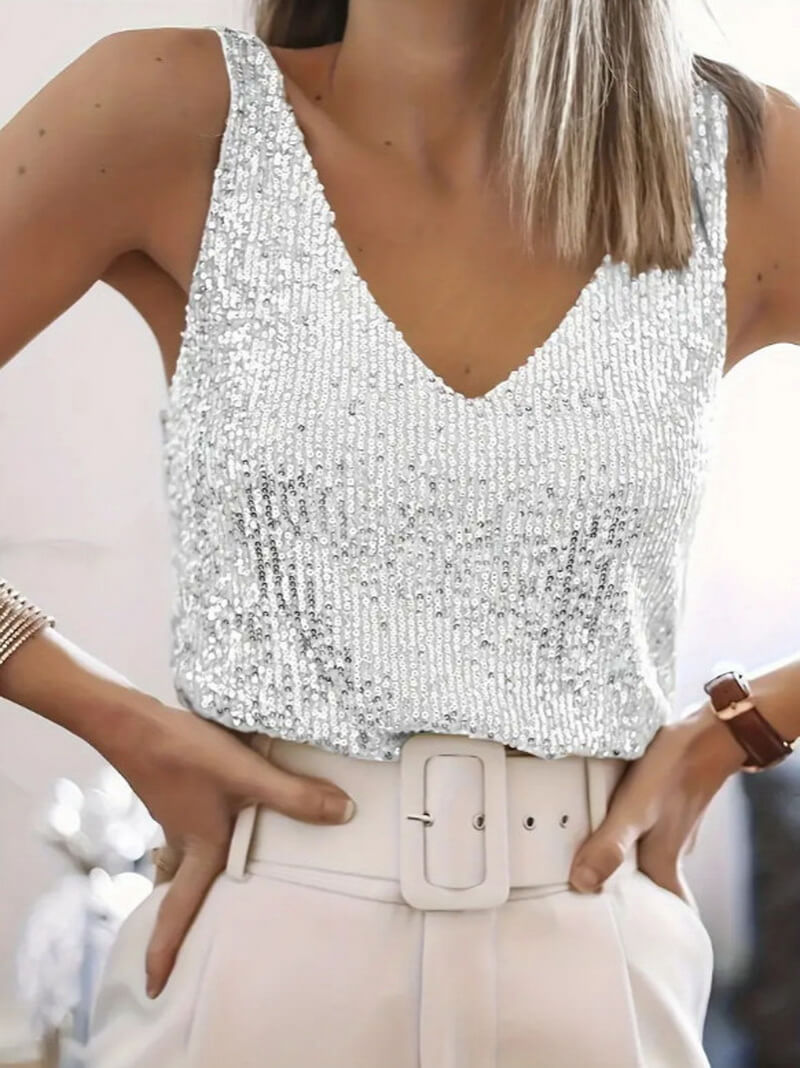 NURO Women's Sequin Sparkly V-Neck Tank Top - Sexy Sleeveless Glitter Party Vest